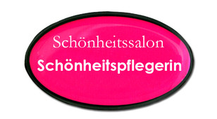 Geformte Namensschilder aus Kunststoff - Schwarzer Rand und Hintergrund in rosa | www.namebadgesinternational.ch
